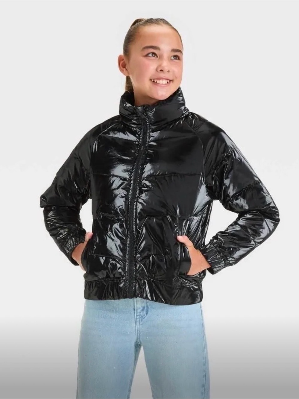 art class Black Shiny Puffer Jacket for Kids